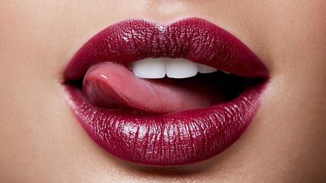 Nahaufnahme von Frauenlippen mit dunkelrotem Lippenstift und einer herausgestreckten Zungenspitze.