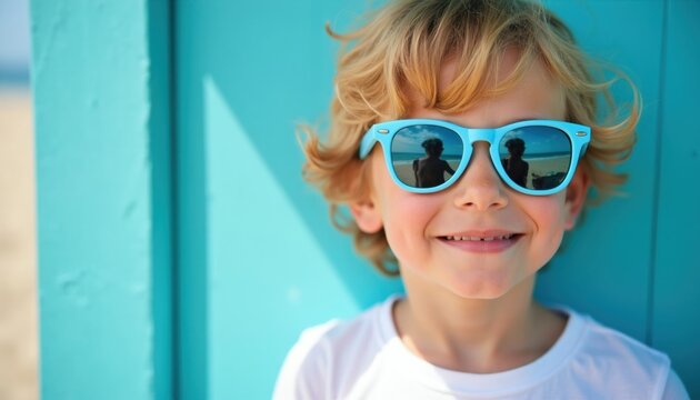 Young boy with light hair wears bright blue sunglasses, white t-shirt against teal background. Glasses reflect beach scene with ocean water, sand. Smiles sweetly with dimples visible. Playful,