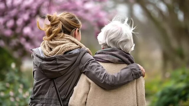 Faceless young woman strolling with an elderly person through a spring park, soft natural lighting, defocused blooming background, outdoor senior care, intergenerational walk,