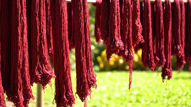 Dyed textiles hanging outdoors drying in sunlight