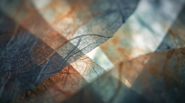 Abstract macro background of overlapping translucent paper sheets with organic fiber textures and soft light diffusion
