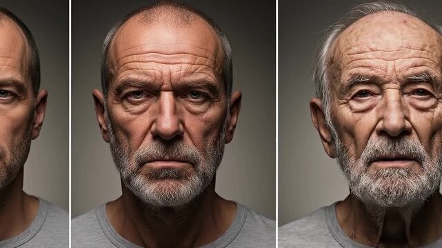 A conceptual time-lapse video showing the aging process of a man&rsquo;s face through three side-by-side portraits: youth, middle age, and elderly. Hyper-realistic cinematic portraiture, studio lighting