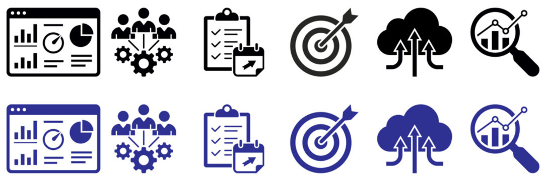 Business analytics dashboard, target, growth, report, chart, strategy, finance, performance, data, success icon set with line symbols for marketing, management, planning and statistics use.