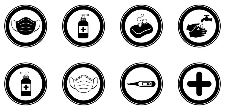 Medical hygiene healthcare icons set with mask, sanitizer, hand wash, thermometer, first aid, vaccine, protection, safety, clinic, hospital symbols for web, app, ui, print use.