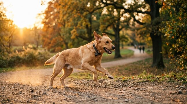 A dog running on a dirt path in a park during sunset.