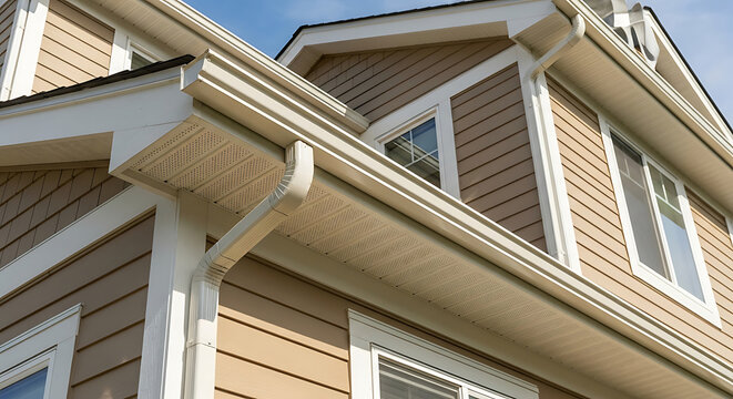White rain gutter and downspout drainage system installed on a modern suburban house with tan vinyl siding and white trim ideal for home maintenance and exterior repair