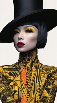 Avant Garde Asian Woman with Bold Yellow and Black Abstract Print Fashion and Dramatic Makeup