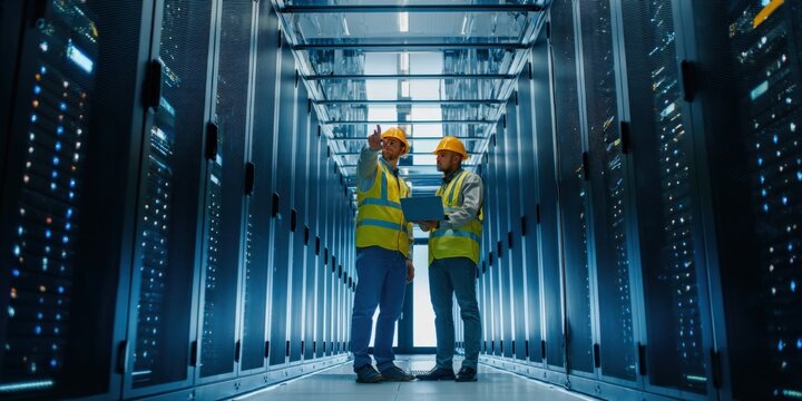 Two technicians in hard hats and safety vests collaborating inside a modern, dimly lit data center server room