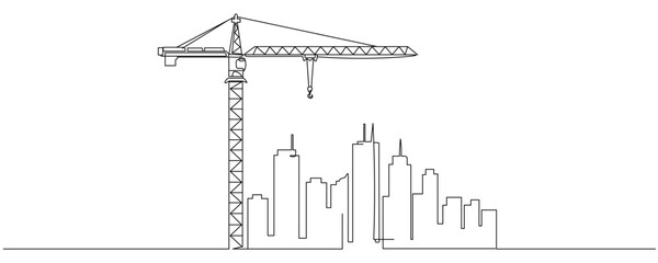 Minimalist city construction scene in continuous one line drawing style. Vector illustration of tower crane and urban skyline with modern skyscrapers. Clean linear outline isolated on light background © Vasyl Yurlov