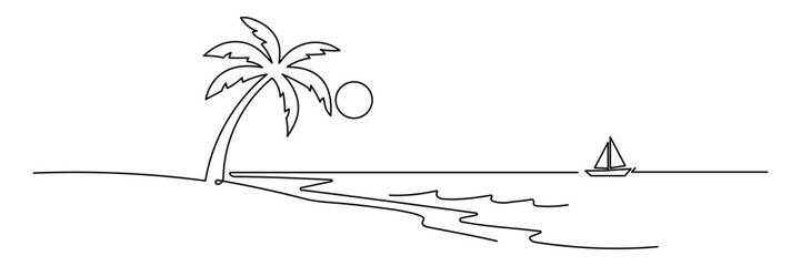 Obraz premium Minimalist tropical beach landscape drawn in continuous one line style. Simple vector illustration with palm trees, ocean shoreline and sunset on the horizon. Clean black outline isolated on light bac