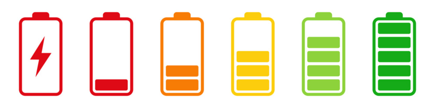 Battery level indicators. Colorful battery charge level icons. Battery power level pictograms in outline style. Battery level indicators. vector illustration.