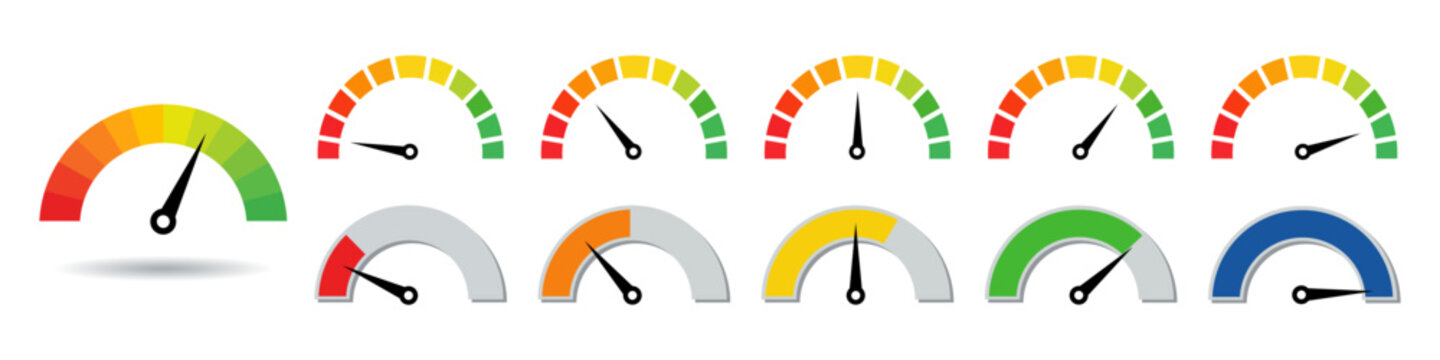 Speedometer icon set. Performance level dial bar vector illustration. Power level measure symbol. Infographic dashboard chart with arrow sign. High, medium and low risk control panel. Progress scale.