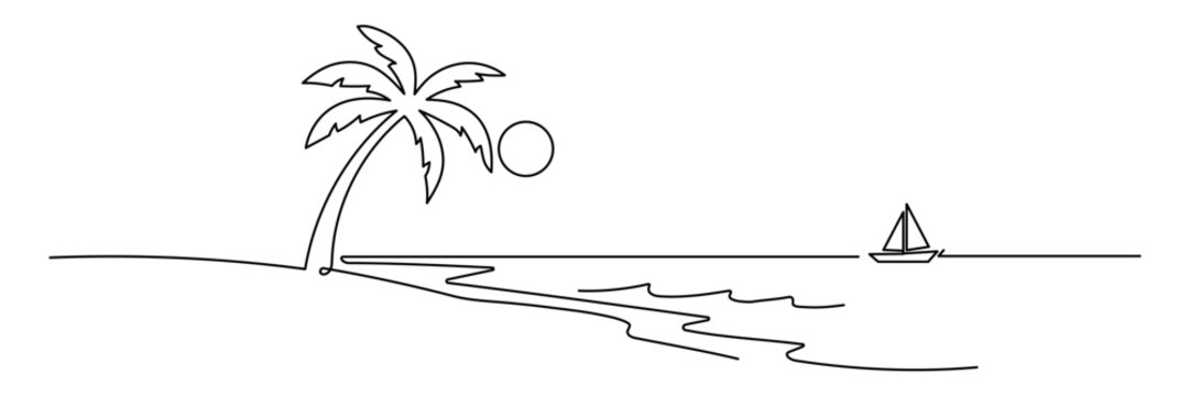 Minimalist tropical beach landscape drawn in continuous one line style. Simple vector illustration with palm trees, ocean shoreline and sunset on the horizon. Clean black outline isolated on light bac
