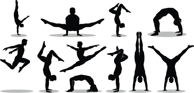 Black Silhouette Set of Professional Male Gymnasts Performing Acrobatic Poses Handstands and Dynamic Jumps for Sports Competition Designs