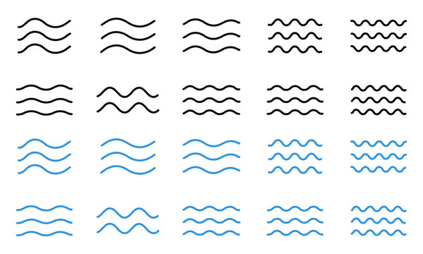 Water waves icon set. Three parallel wavy lines symbolizing waves or water flow vector illustration. Simple sea ripple pictogram symbol. Clean water sign. Minimalist wave pictogram. Editable stroke