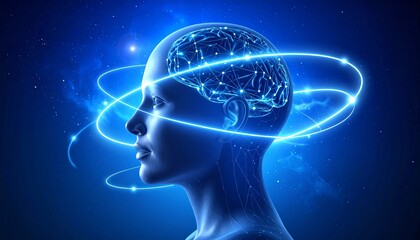 Obraz premium A conceptual illustration of artificial intelligence or human mental processes with a glowing brain surrounded by orbital light energy rings.