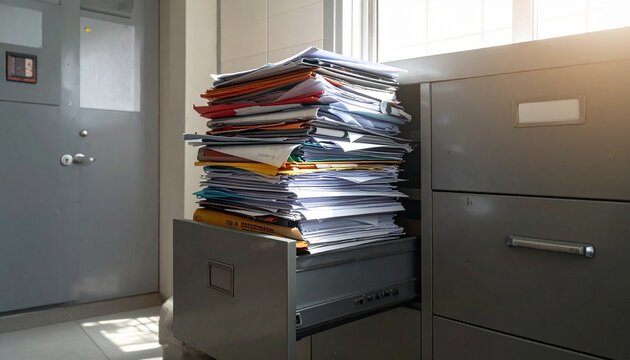 A large stack of documents and paperwork piled up on an open drawer of a metal filing cabinet in a busy corporate office environment.