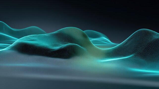Abstract Digital Landscape with Glowing Teal Waves and Futuristic Fog