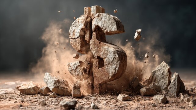 Symbol of financial crisis and economic collapse, a dollar sign breaks apart