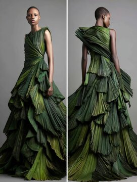 Avant Garde Green Gown Inspired by Nature, Featuring Pleated Leaf-Like Layers and Dramatic Silhouette