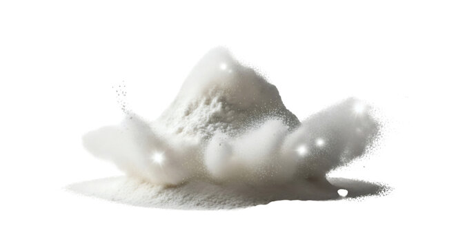 Dynamic burst of white powdered sugar or flour particles exploding against a clean white background capturing a high speed motion effect for culinary food concepts