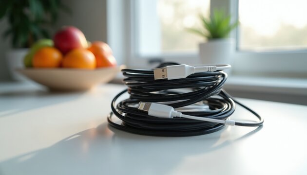 Bundle of black and white charging cords including USB and Lightning connectors. Tangled wires sit on white surface near window. Various electronics power accessories.