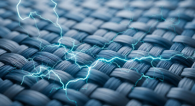 Abstract HighTech Blue Woven Fabric Background with Electric Lightning Bolts Representing Smart Textile Conductivity Advanced Materials and Energy Integration