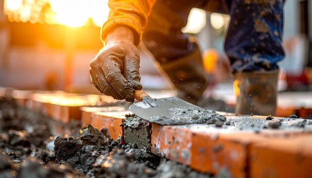 Professional construction worker using a trowel to apply mortar on red bricks during a sunset at a residential building site project.