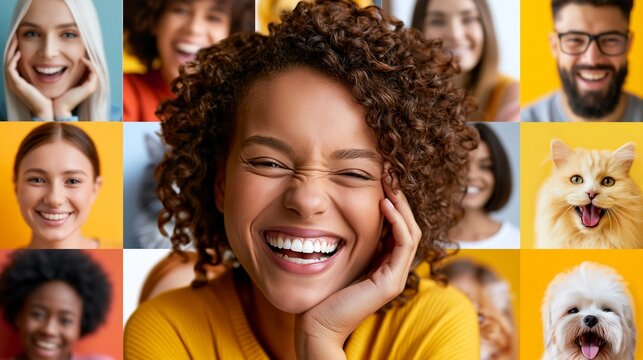 Eine fr&ouml;hliche Collage zeigt eine lachende Frau im Mittelpunkt, umgeben von weiteren lachenden Personen