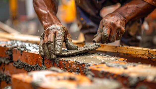 Professional bricklayer spreading mortar with a trowel on a construction site to build a durable wall for residential housing development.