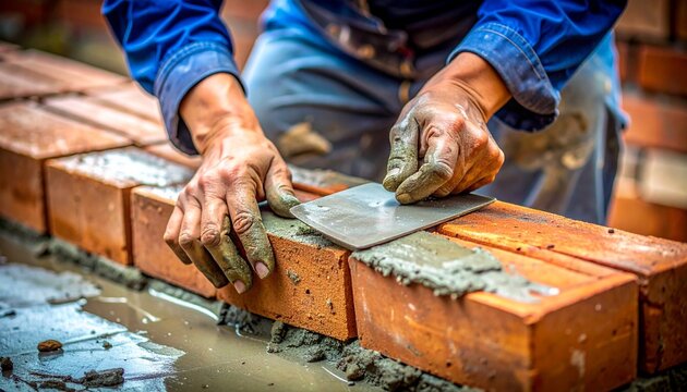 Professional construction worker using a metal trowel to spread wet mortar and build a red brick wall at a sunny outdoor building site.