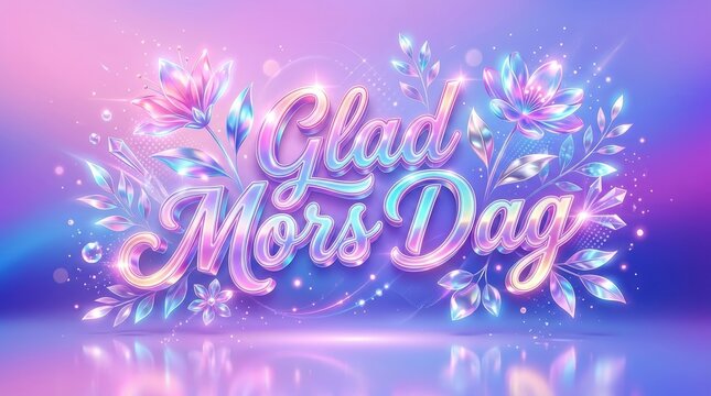 AI-modern gradient design with holographic &ldquo;Glad Mors Dag&rdquo; typography, iridescent colors shifting between pink, lilac, and blue, glossy surfaces