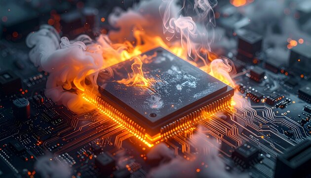A dramatic close up of an overheated computer central processing unit processor chip glowing with fire and emitting thick smoke on a circuit board.