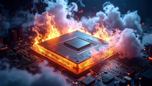 A computer central processing unit overheating on a circuit board with bright orange flames and heavy smoke representing hardware failure.