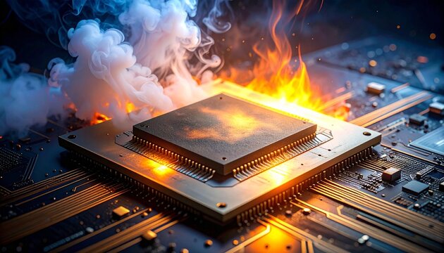 A damaged computer processor overheating with smoke and flames representing a critical system failure or hardware malfunction in a computer.
