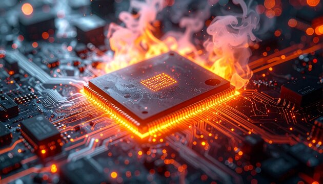 Close up view of a glowing computer processor chip overheating and emitting smoke on a circuit board with fiery orange light effects.