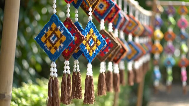 Colorful woven diamond shaped ornaments hanging outdoors in daylight
