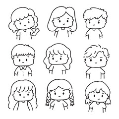 Fototapeta premium Cute and Kawaii Kids Outline Illustration. Cute children's face icons in line art style, featuring diverse expressions and hairstyles