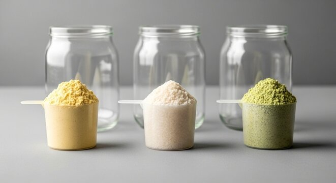 Three glass jars with powdered supplements in spoons
