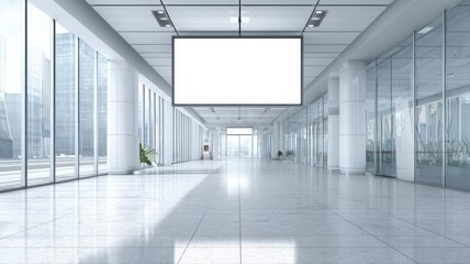 Naklejka premium Modern office lobby with large blank digital screen on ceiling and bright natural light streaming through glass windows