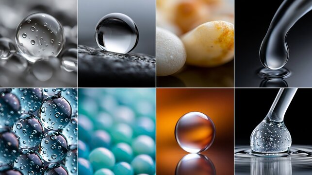 Collage aus makrofotografischen Aufnahmen verschiedener Kugeln und Tropfen aus Glas, Wasser und anderen Materialien.