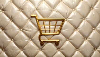 Fototapeta premium A luxurious gold shopping cart icon centered on a sophisticated quilted cream white leather texture background for high end commerce concepts.