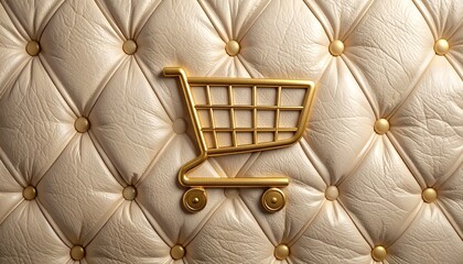 Fototapeta premium A luxurious golden shopping cart icon set against a plush cream colored diamond tufted leather background representing high end retail luxury.