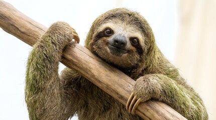 Obraz premium Front-Facing Sloth Gripping Branch with Both Arms – Humorous Expression, High-Key Minimal Studio Lighting, Ultra-Realistic Texture, 8K Wildlife Portrait