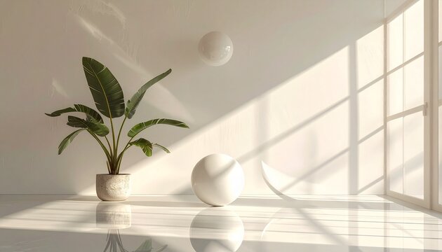 Minimalist interior scene with a tropical plant in a pot and geometric spheres casting soft morning sunlight shadows on a white wall floor.