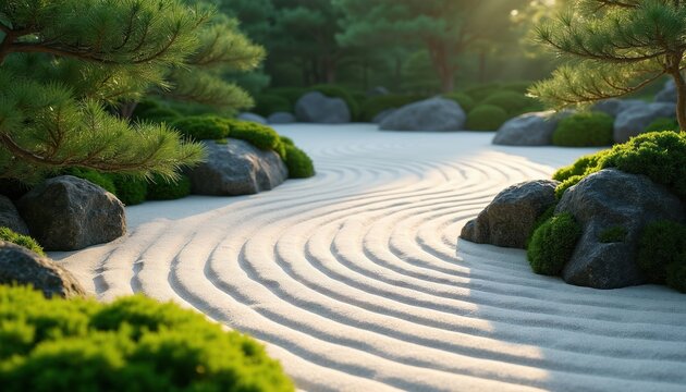 Tranquil Japanese garden with raked sand, rocks, and green bushes. Sunlight filters through pine trees creating peaceful atmosphere. Zen landscape design for meditation and calm.