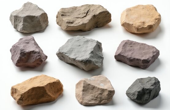 Nine rough, varied mudstone rocks arranged on a clean white background. Stones display earthy tones from beige to grey and purple. Useful for geology, construction, or art projects.