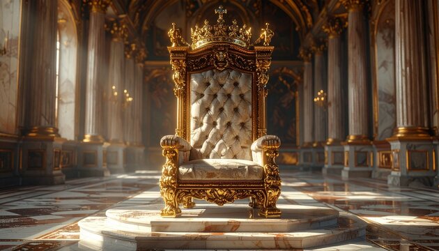 A magnificent golden royal throne standing in the center of an opulent marble palace hall illuminated by warm atmospheric sunlight beams.