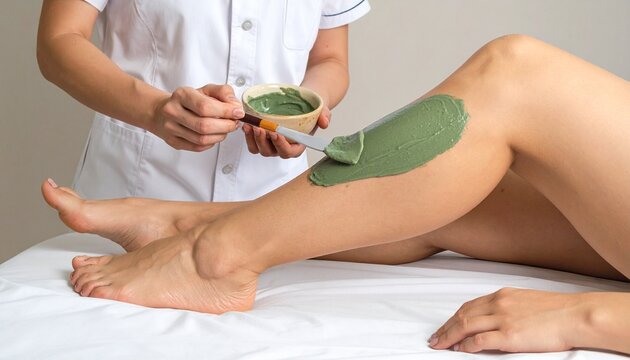 A professional beauty therapist applies a soothing green mud mask on the leg of a client during a relaxing luxury spa body treatment session.