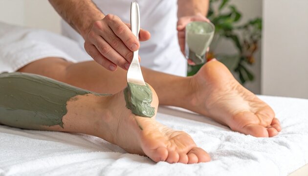 A professional spa therapist applying organic green mud mask treatment on the foot and leg of a client for relaxation and skin care.